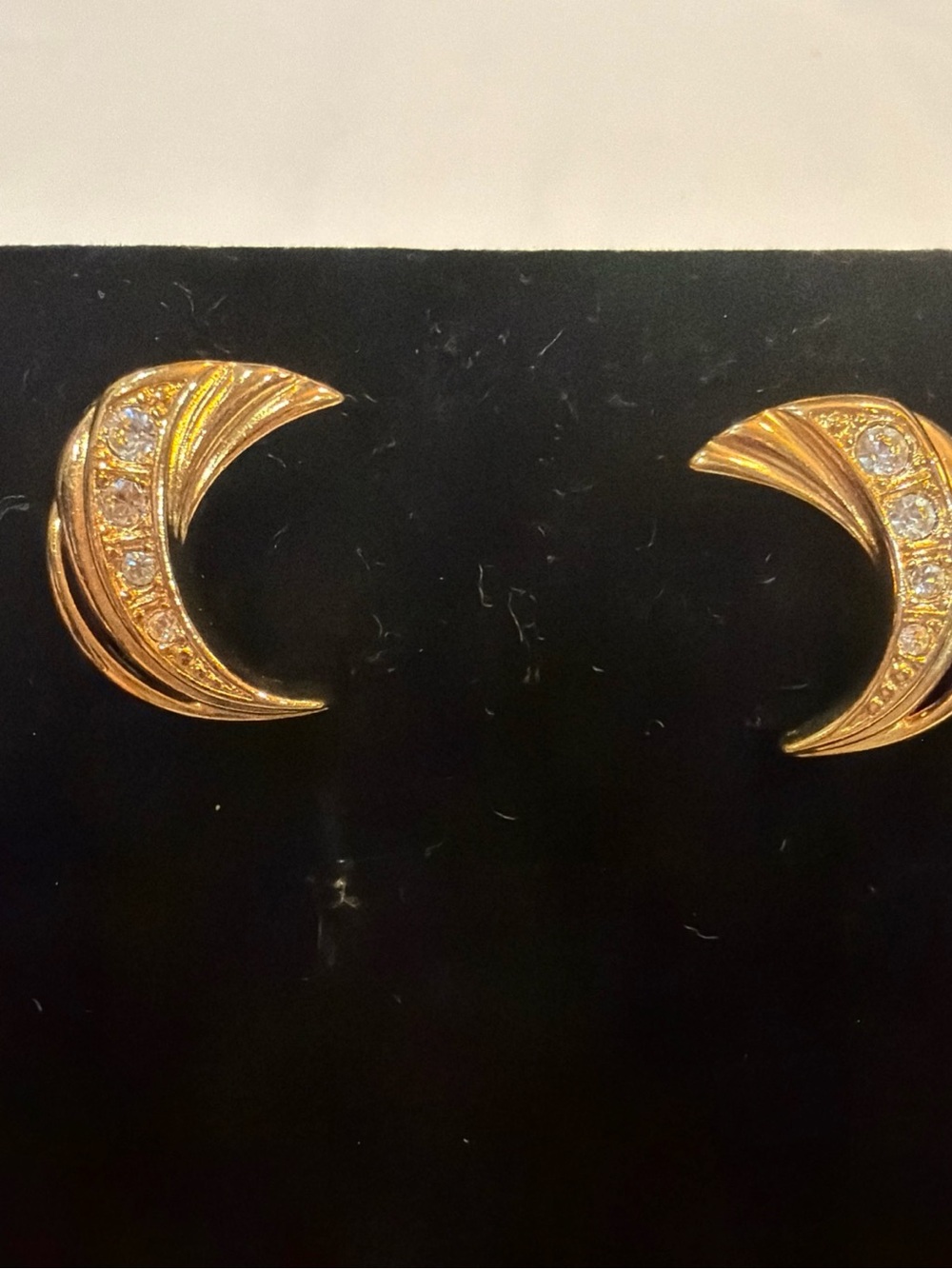 Vintage Avon Gold Crescent Moon Crystal Stud Earrings - Women Jewelry